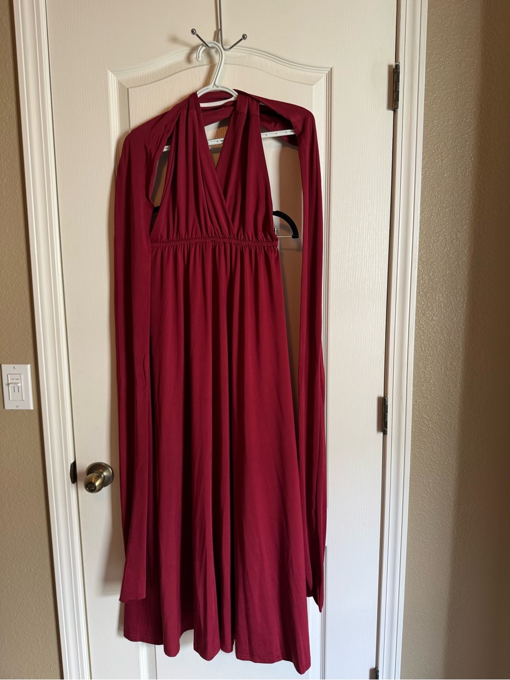 Women’s Burgundy Maxi Dress with V-Neck and Empire Waist
